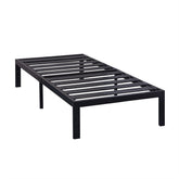 A black metal bed frame featuring slats, designed for support and style in a modern bedroom setting.